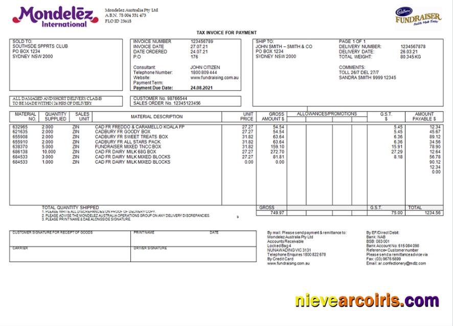 Australia Mondelez Holdings Pty Ltd invoice